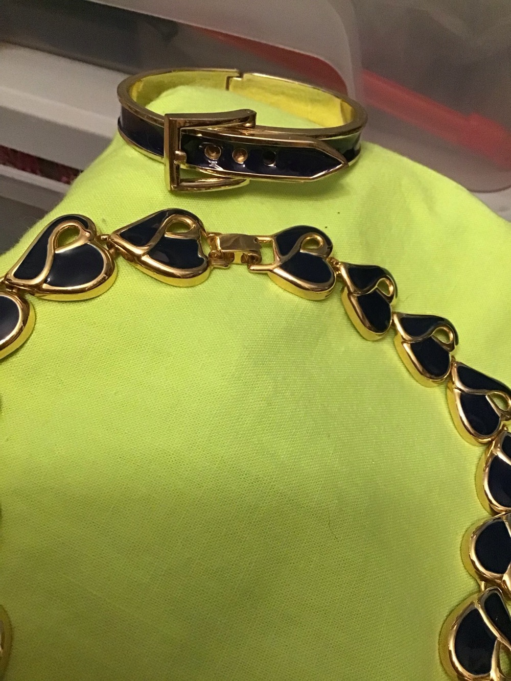 Gold-Tone Necklace and Bracelet Set with Navy Enamel Hearts